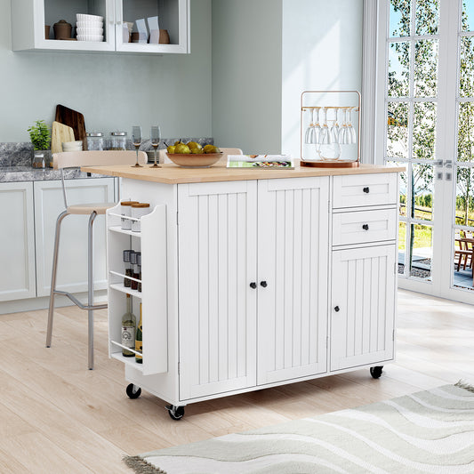 HLR® 50.4" Multifunctional Wooden Kitchen Island – 3 Doors, 2 Drawers, Spice Rack & Storage (Prep & Organization Cart)