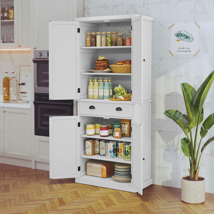 HLR® Classic White Freestanding Pantry Cabinet with Adjustable Shelves & Drawer – Versatile Storage for Kitchen, Bathroom & Hallway
