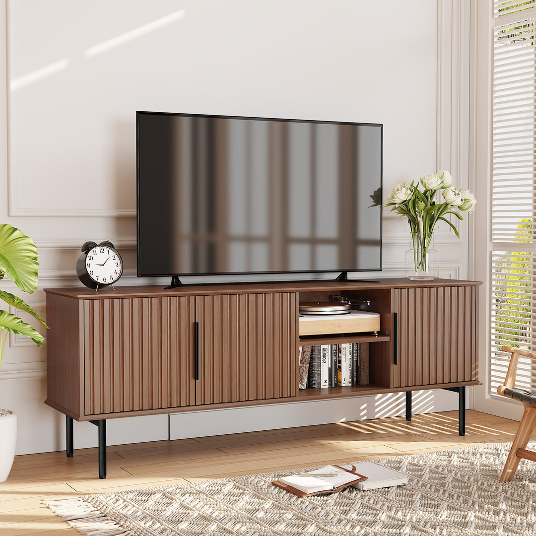 HLR® Mid Century Modern Fluted 66" TV Stand with Storage – Fits TVs up to 75" – Wooden Entertainment Center for Living Room & Family Room
