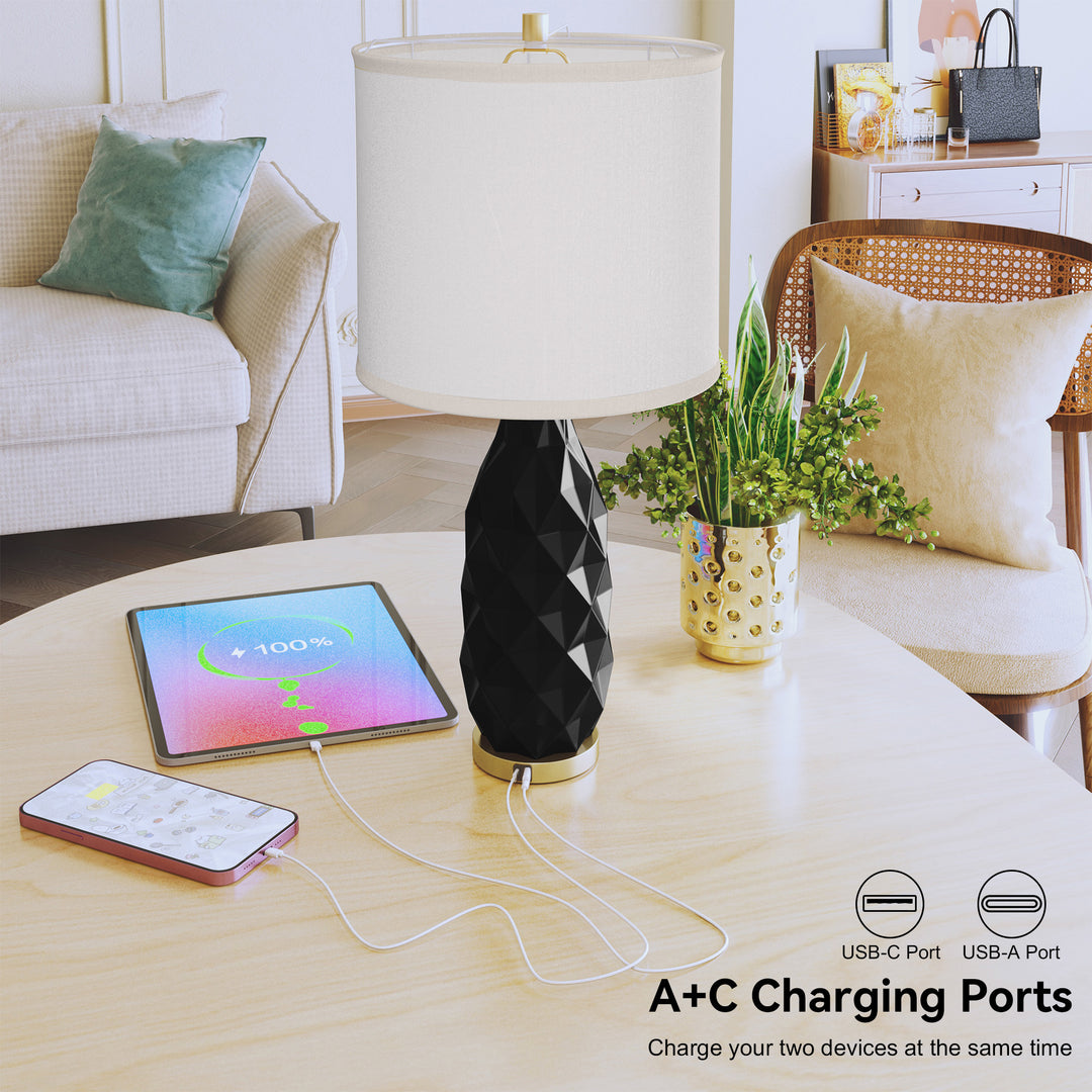 HLR® Set of 2 Modern 3-Way Dimmable Table Lamps with LED Bulbs Included and USB Charging Port for Bedside and Living Room Use