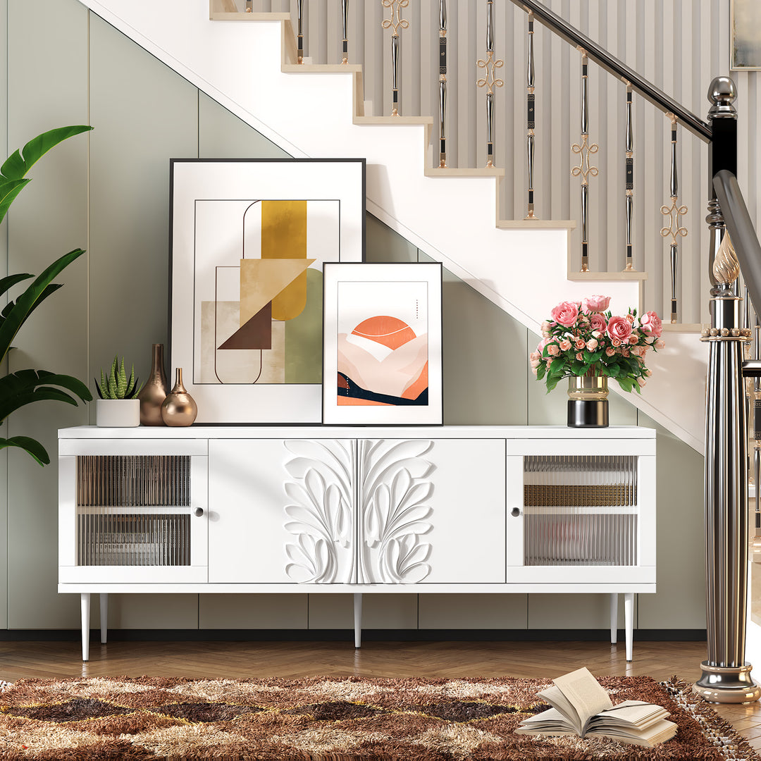 HLR® 75" Mid Century Modern TV Stand – 3D Flower Pattern Wood Entertainment Center with Fluted Glass Doors & Storage – Media Console for Living Room