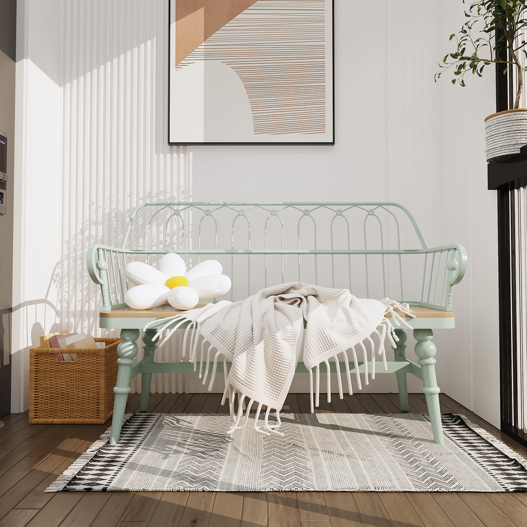 HLR® Mid-Century Modern Entryway Bench – Metal Frame with Solid Wood Legs | Industrial Hallway Seating with Retro Charm