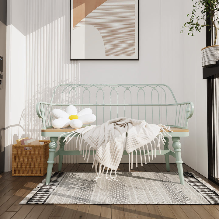 HLR® Mid-Century Modern Entryway Bench – Metal Frame with Solid Wood Legs | Industrial Hallway Seating with Retro Charm