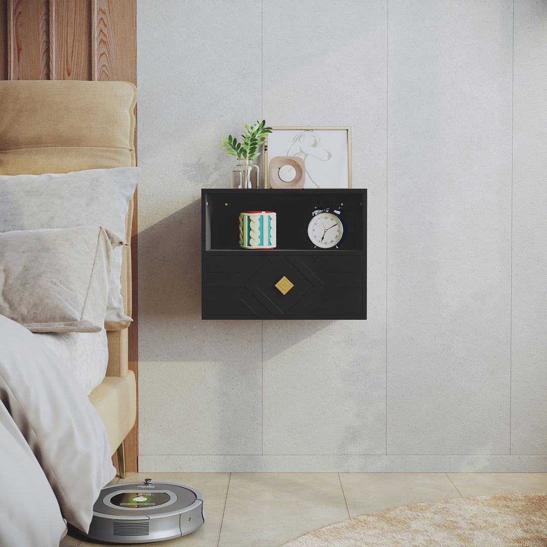 HLR® Modern Floating Nightstand Set of 2 with Drawer & Embossed Design – Wall-Mounted Bedside Tables with Storage for Bedroom