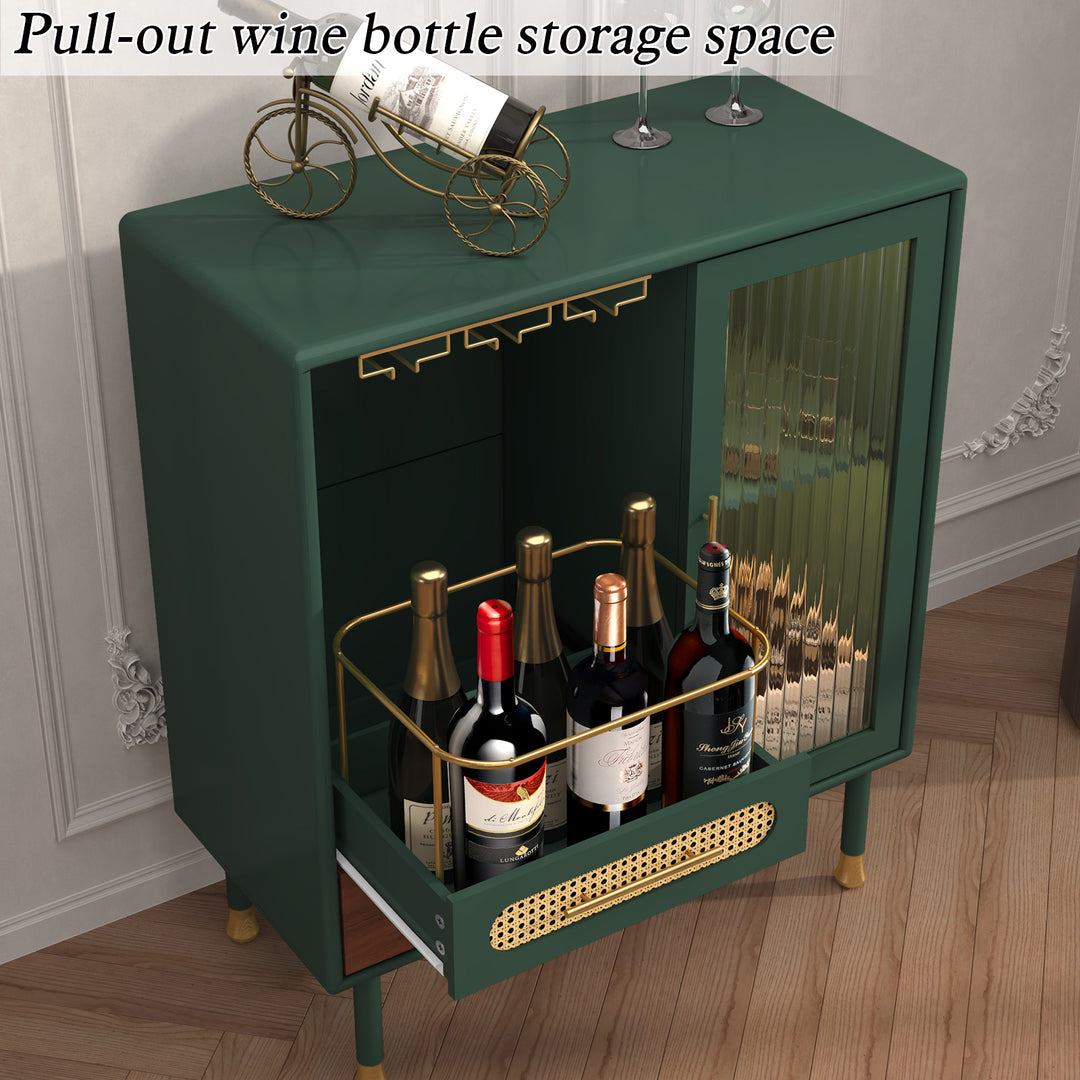 HLR® Modern Green Coffee Bar & Liquor Cabinet – Pull-Out Wine Storage, Wine Glass Rack & Drawers – Versatile Storage for Kitchen, Dining & Living Room