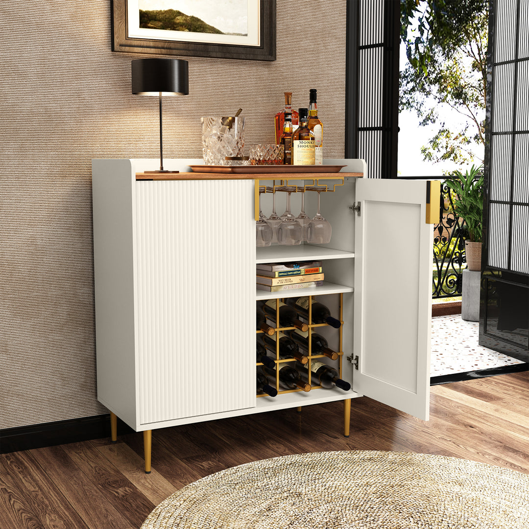 HLR® Coffee Bar Cabinet with Wine Racks – Fluted Texture Liquor Cabinet Modern Sideboard Buffet for Kitchen, Dining & Living Room
