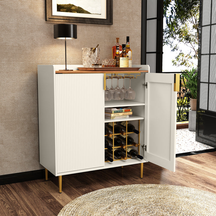 HLR® Coffee Bar Cabinet with Wine Racks – Fluted Texture Liquor Cabinet Modern Sideboard Buffet for Kitchen, Dining & Living Room