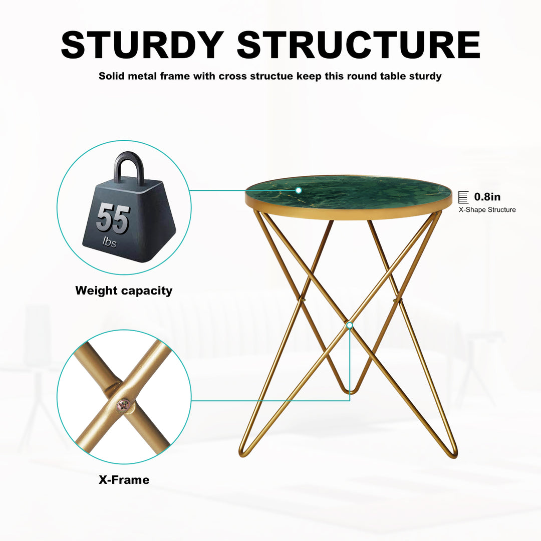 HLR® Modern Round Side End Table – Green Marble Top & Gold Metal Frame – Sleek Luxury Accent for Living Room & Bedroom
