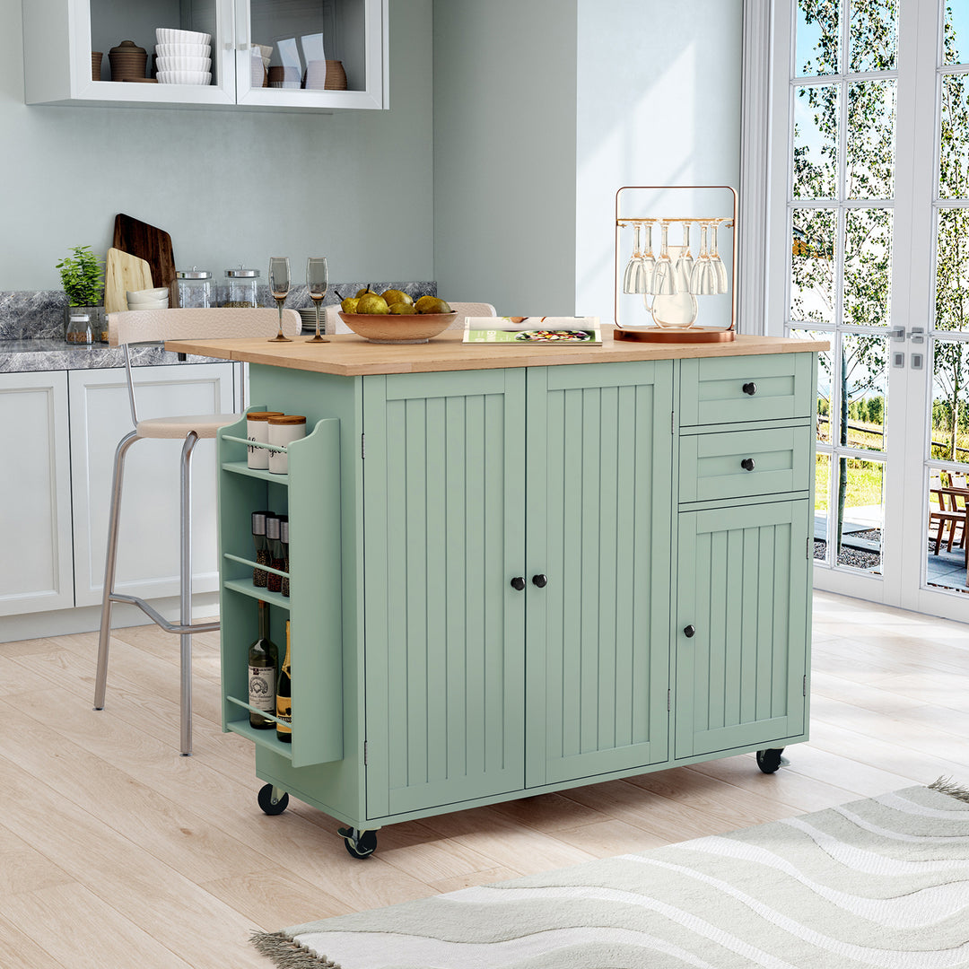 HLR® 50.4" Multifunctional Wooden Kitchen Island – 3 Doors, 2 Drawers, Spice Rack & Storage (Prep & Organization Cart)