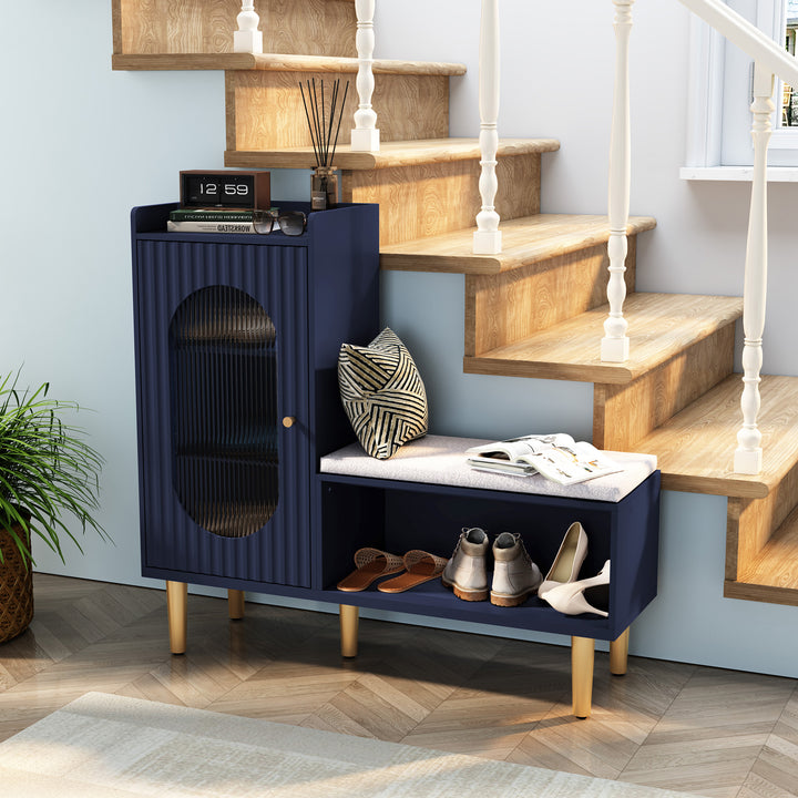 HLR® Modern Shoe Cabinet Bench – Glass Door, Shelf & Padded Seat – Multifunctional Storage for Entryway & Hallway