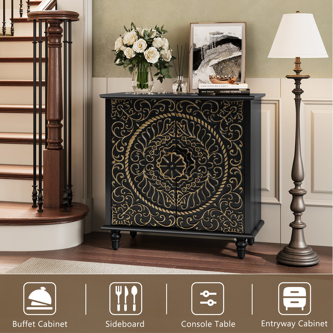 HLR® Wood Credenza Sideboard – 2-Door Storage & Carved Flower Design – Decorative Organizer for Living, Dining & Entryway