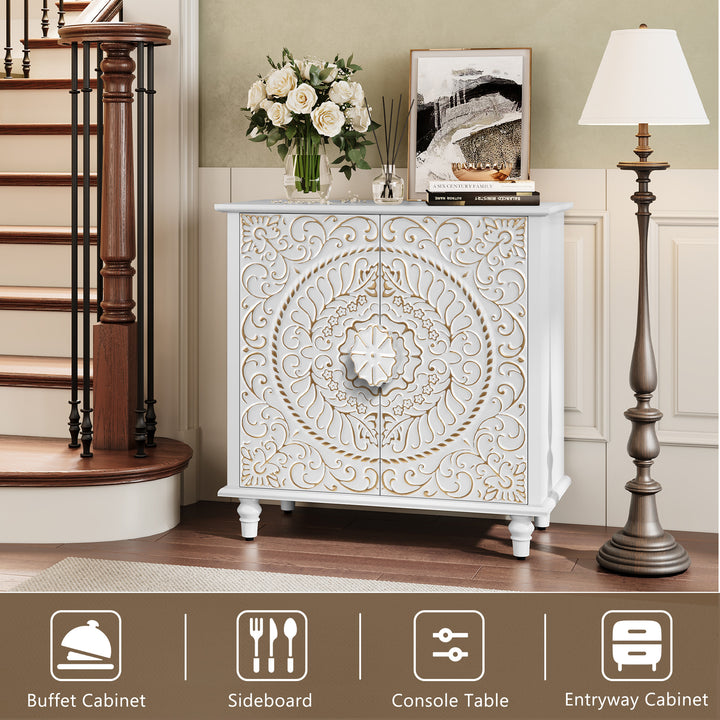 HLR® Wood Credenza Sideboard – 2-Door Storage & Hand-Carved Floral Design – Decorative Organizer for Entryway, Living & Dining