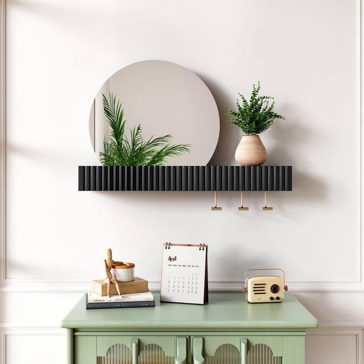 HLR® Round Wall Mirror with Shelf & Hooks – Functional Decor for Bathroom, Entryway, Bedroom & Living Room