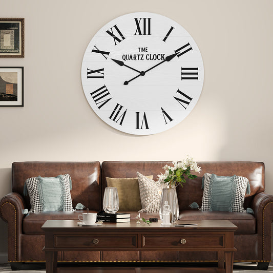 HLR® 35.5" Oversized Farmhouse Shiplap Wall Clock – Roman Numerals, Quiet Non-Ticking Decor for Living Room, Bedroom & More