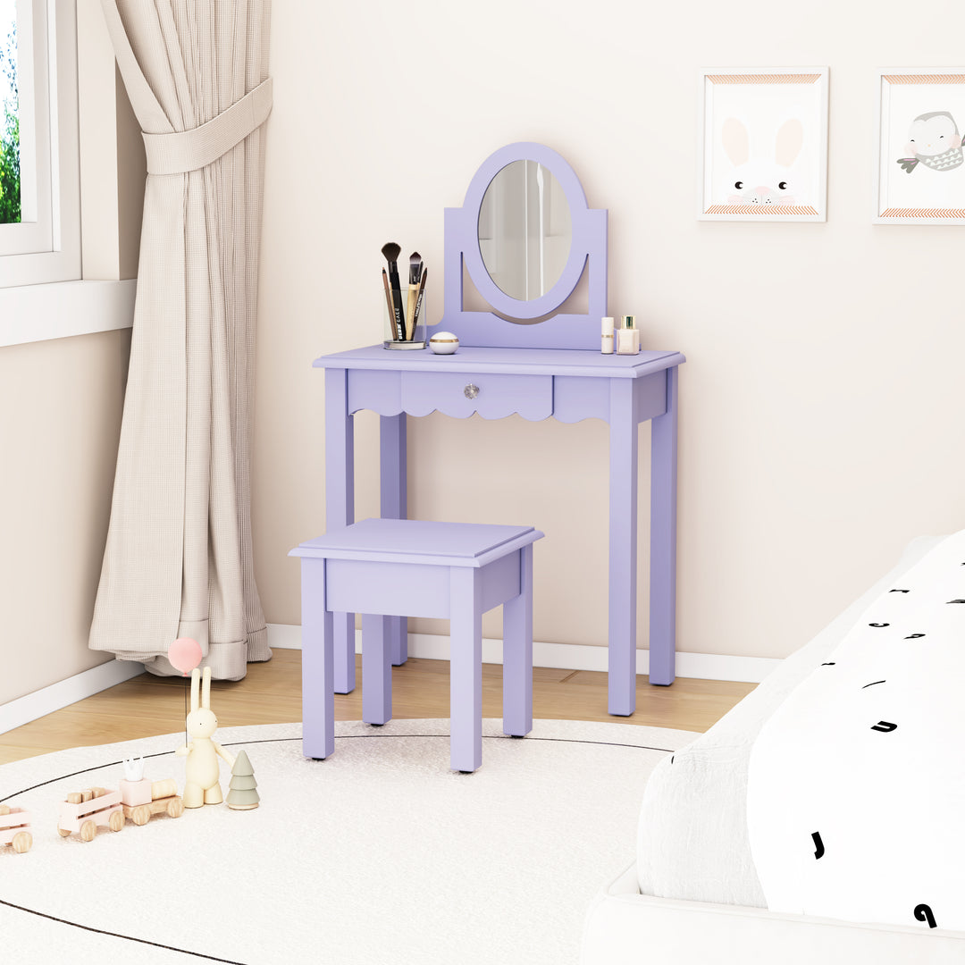 HLR® Princess 2-in-1 Wooden Kids Vanity Set with Detachable Mirror, Drawer & Stool – Pretend Play Makeup Desk for Girls Ages 3+