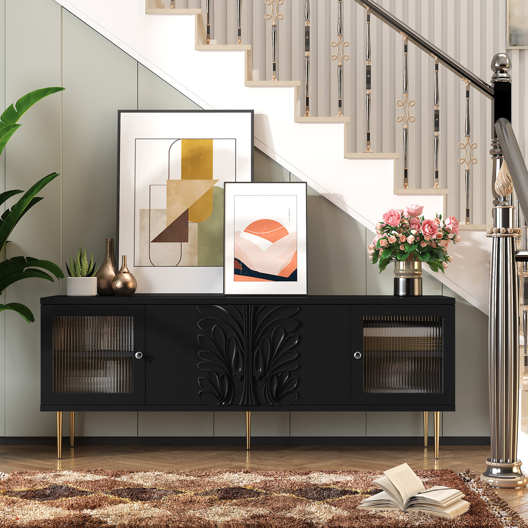 HLR® 75" Mid Century Modern TV Stand – 3D Flower Pattern Wood Entertainment Center with Fluted Glass Doors & Storage – Media Console for Living Room
