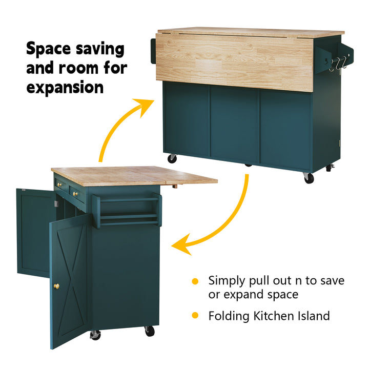 HLR® Rolling Kitchen Island with Drop-Leaf Countertop & Barn Door Design – Mobile Cart with Storage Cabinet & Tower Rack for Kitchen