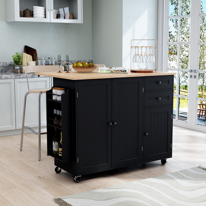 HLR® 50.4" Multifunctional Wooden Kitchen Island – 3 Doors, 2 Drawers, Spice Rack & Storage (Prep & Organization Cart)