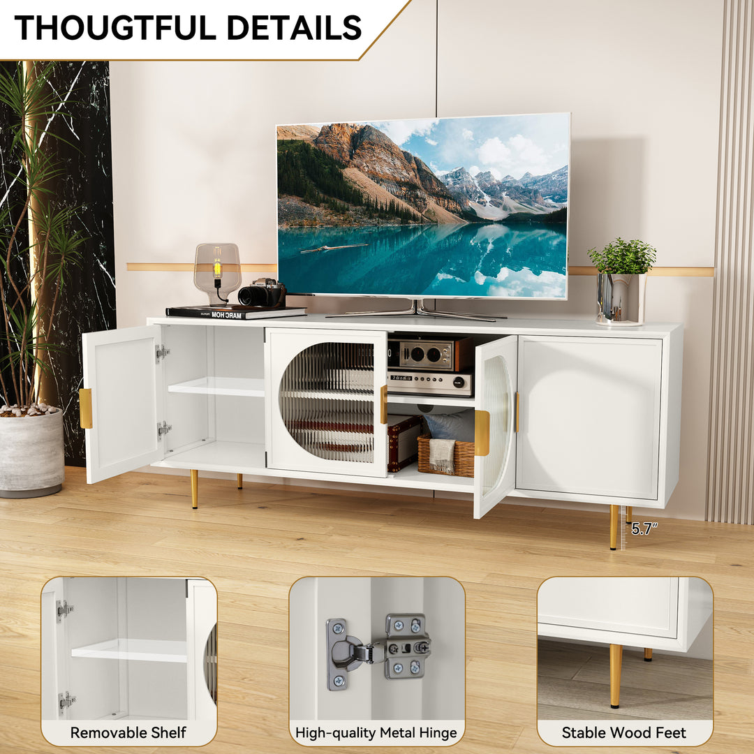 HLR® Modern TV Stand for TVs Up to 70" with Glass-Door Console & Gold Legs – Wooden Entertainment Center for Living & Bedroom