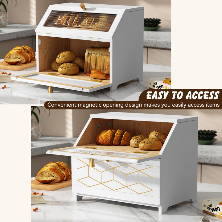 HLR® Double Layer Wooden Bread Box with Golden Trim – Space-Saving Corner Design – Countertop Kitchen Storage