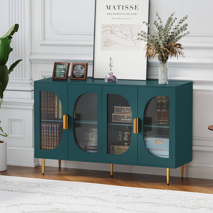 HLR® Wood Accent Sideboard Buffet with 4-Glass Door Storage – Stylish Organizer for Dining, Kitchen, Living Room & Hallway
