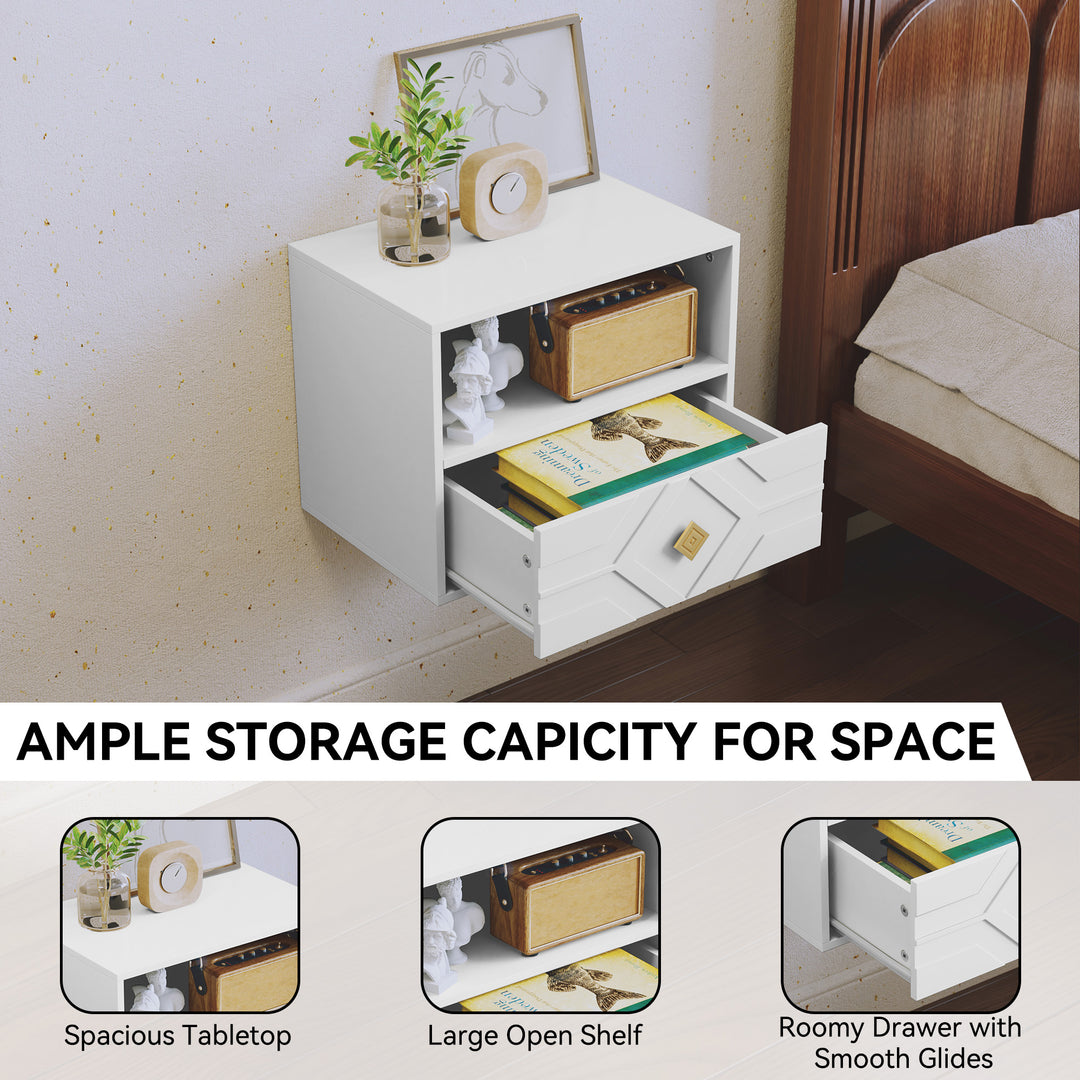 HLR® Modern Floating Nightstand Set of 2 with Drawer & Embossed Design – Wall-Mounted Bedside Tables with Storage for Bedroom