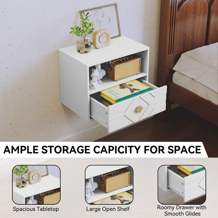 HLR® Modern Floating Nightstand Set of 2 with Drawer & Embossed Design – Wall-Mounted Bedside Tables with Storage for Bedroom