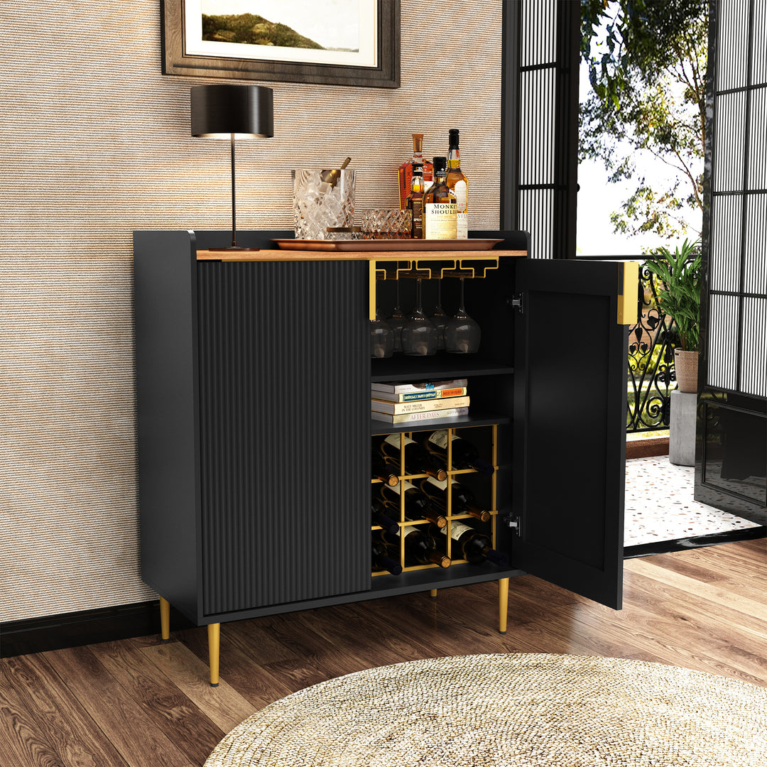 HLR® Coffee Bar Cabinet with Wine Racks – Fluted Texture Liquor Cabinet Modern Sideboard Buffet for Kitchen, Dining & Living Room