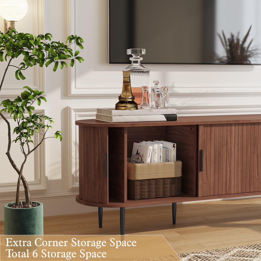 HLR® 70" Mid Century TV Stand With Tambour Door For TVs Up To 80", Brown/Black