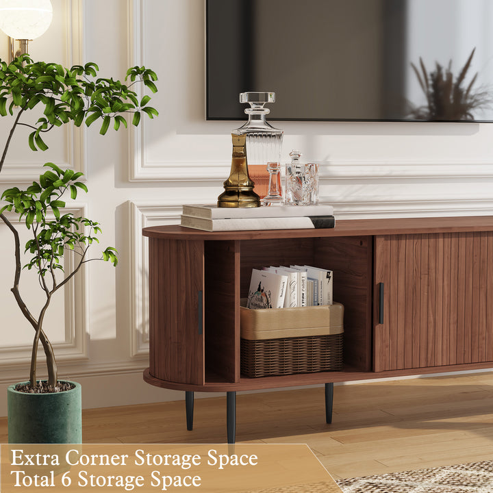 HLR® 70" Mid Century TV Stand With Tambour Door For TVs Up To 80", Brown/Black