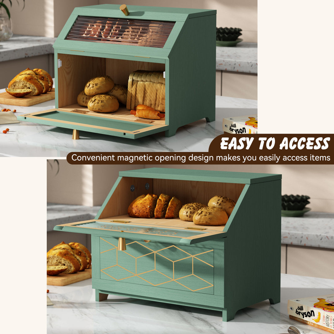 HLR® Double Layer Wooden Bread Box with Golden Trim – Space-Saving Corner Design – Countertop Kitchen Storage