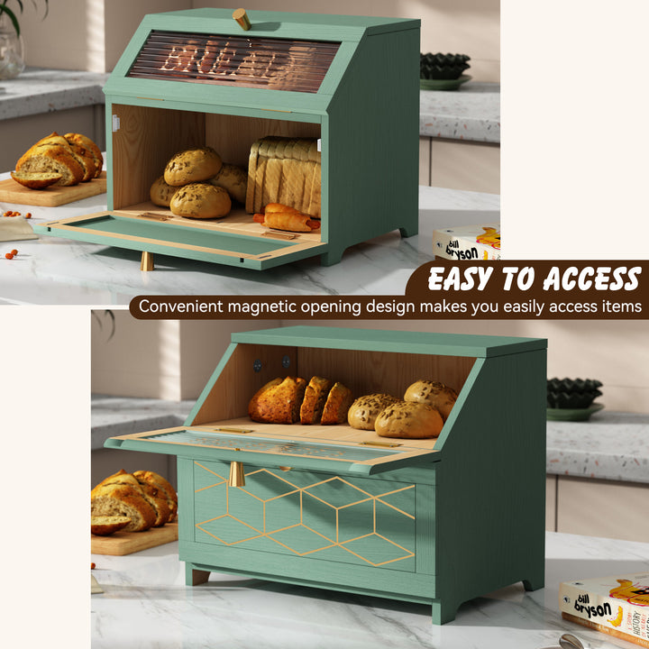 HLR® Double Layer Wooden Bread Box with Golden Trim – Space-Saving Corner Design – Countertop Kitchen Storage