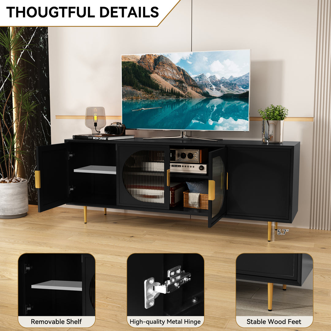 HLR® Modern TV Stand for TVs Up to 70" with Glass-Door Console & Gold Legs – Wooden Entertainment Center for Living & Bedroom