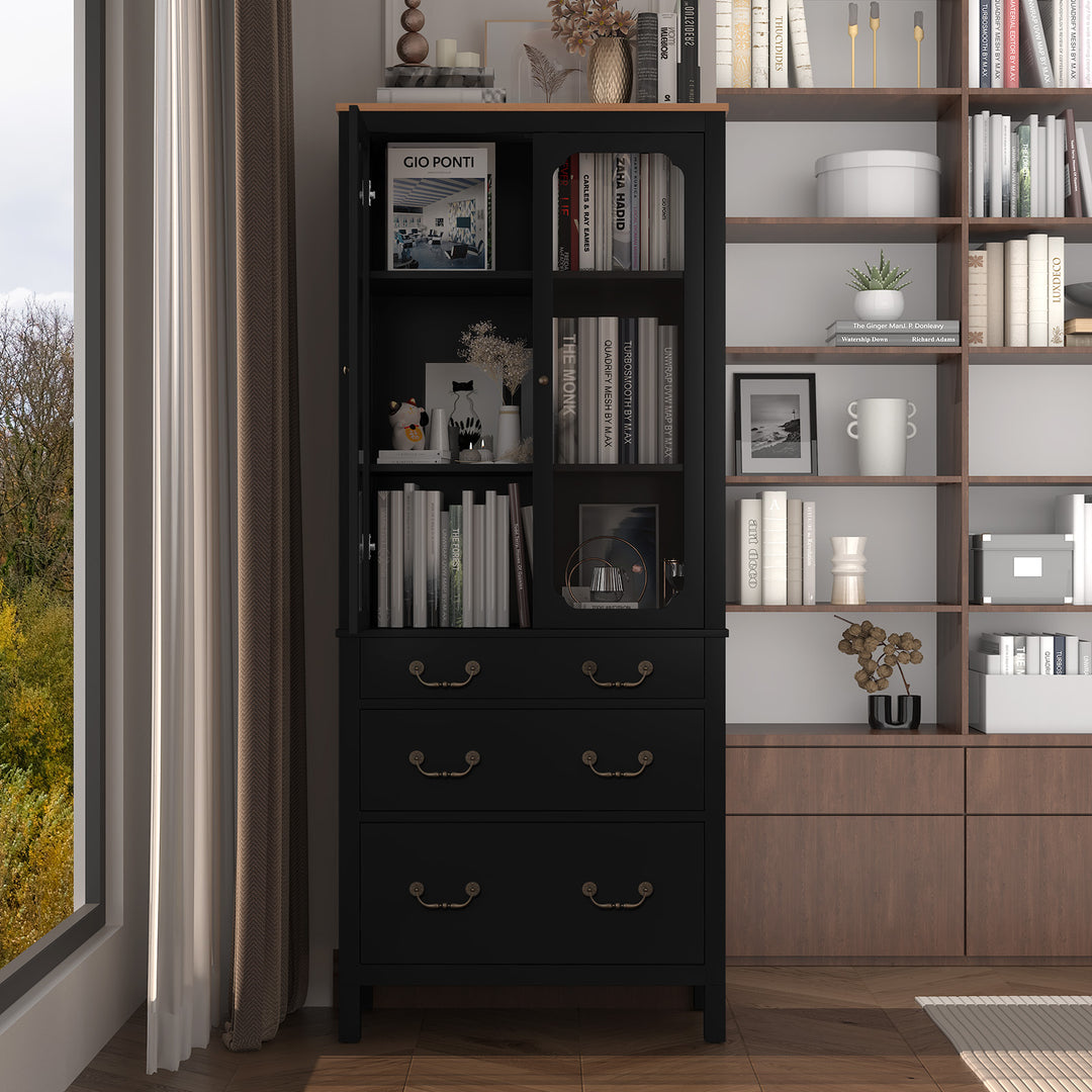 HLR® White Freestanding Tall Pantry Cabinet – Tempered Glass Doors & Adjustable Shelves – Storage for Kitchen & Dining Rooms
