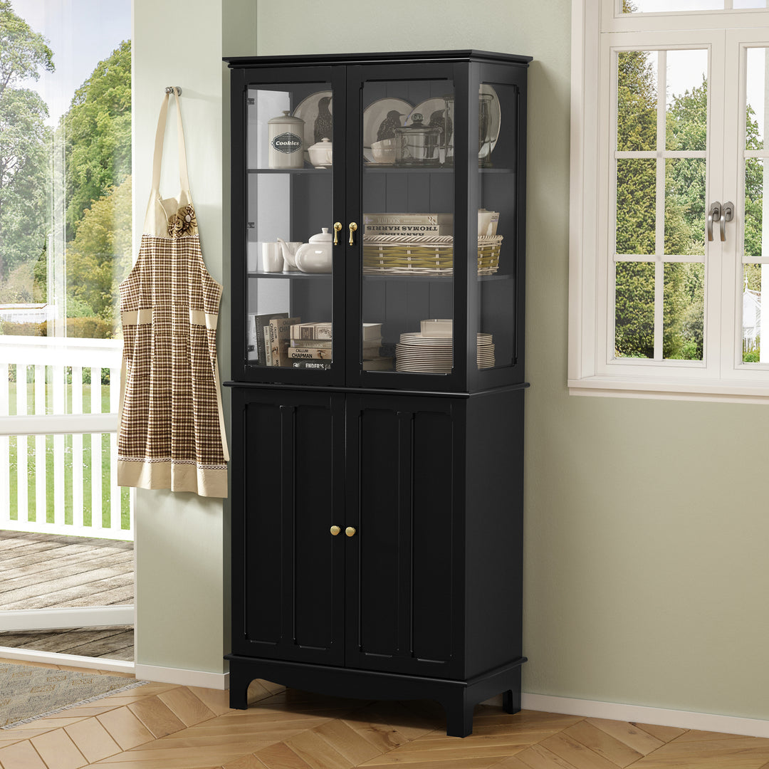 HLR® 72" Classical Freestanding Pantry Sideboard with Glass Doors – Adjustable Shelves Tall Storage Cabinet for Kitchen, Dining & Living Room