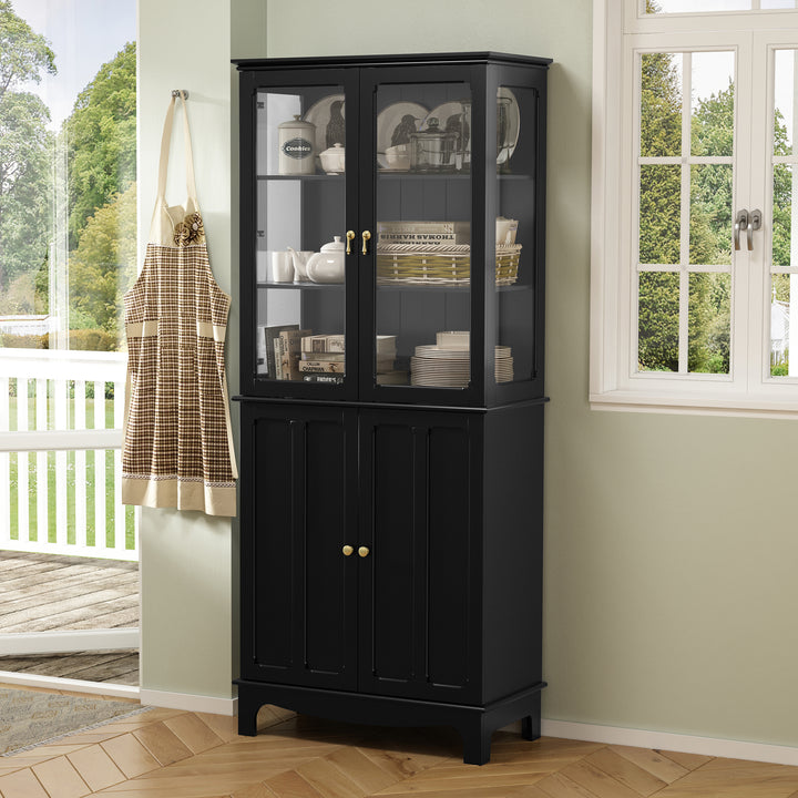 HLR® 72" Classical Freestanding Pantry Sideboard with Glass Doors – Adjustable Shelves Tall Storage Cabinet for Kitchen, Dining & Living Room
