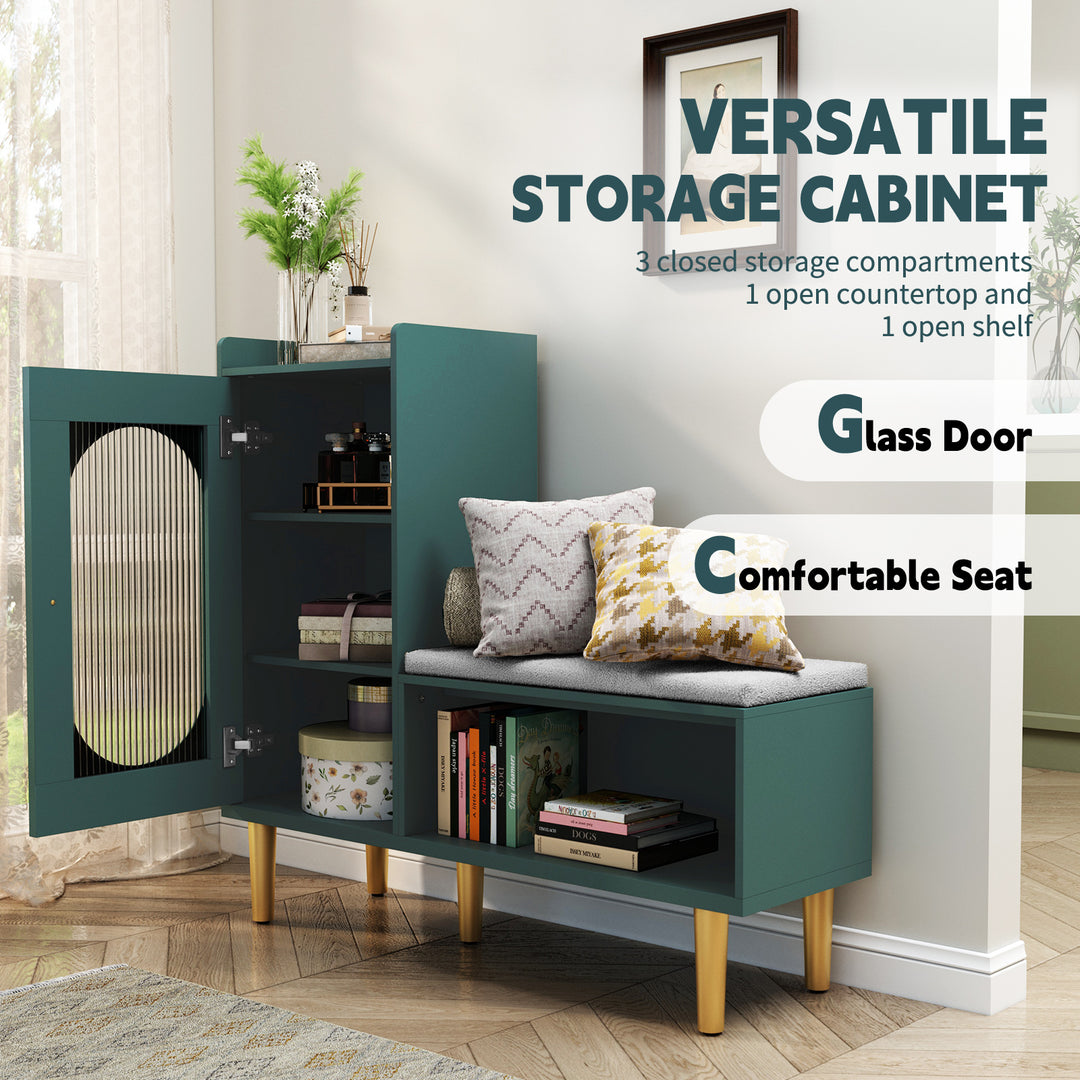 HLR® Modern Shoe Cabinet Bench – Glass Door, Shelf & Padded Seat – Multifunctional Storage for Entryway & Hallway