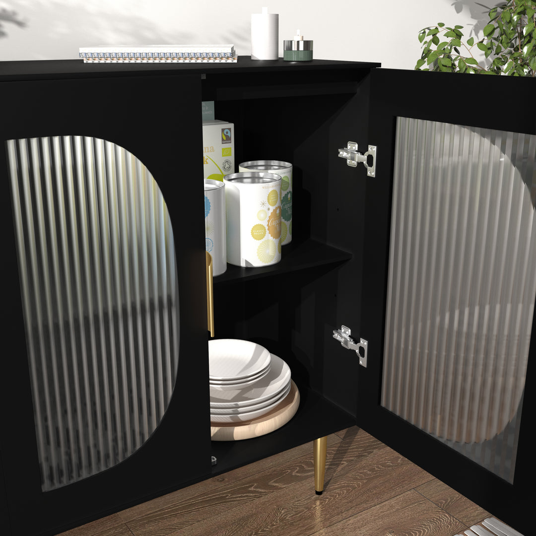 HLR® Wood Accent Sideboard Buffet with 4-Glass Door Storage – Stylish Organizer for Dining, Kitchen, Living Room & Hallway