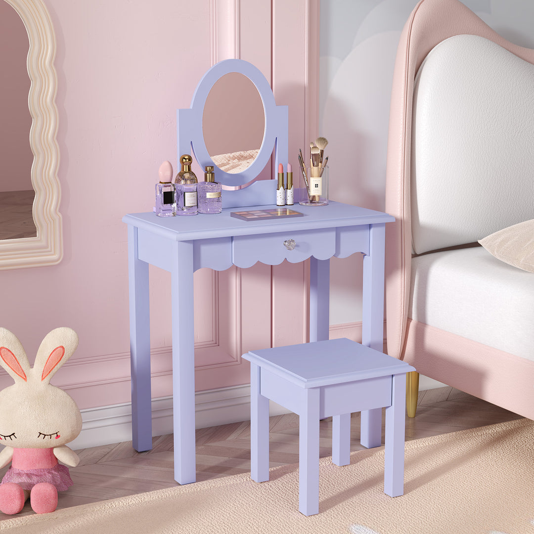 HLR® Princess 2-in-1 Wooden Kids Vanity Set with Detachable Mirror, Drawer & Stool – Pretend Play Makeup Desk for Girls Ages 3+