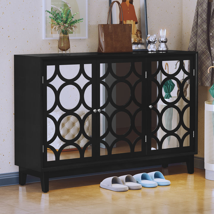 HLR® Modern Sideboard Buffet with 4 Mirror Doors – Glam Accent Storage Cabinet for Living, Dining & Entryway