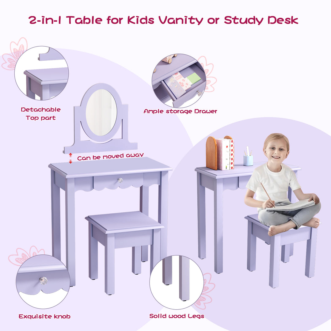 HLR® Princess 2-in-1 Wooden Kids Vanity Set with Detachable Mirror, Drawer & Stool – Pretend Play Makeup Desk for Girls Ages 3+