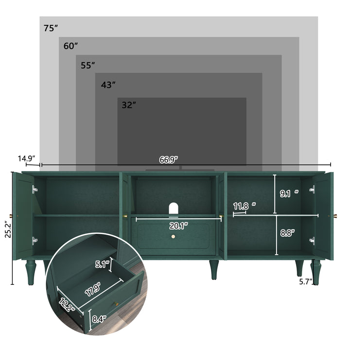 HLR® 67"Mid-Century Modern TV Stand for 75" TVs – Retro Walnut Media Console with 3 Doors, 2 Drawers & Adjustable Shelves