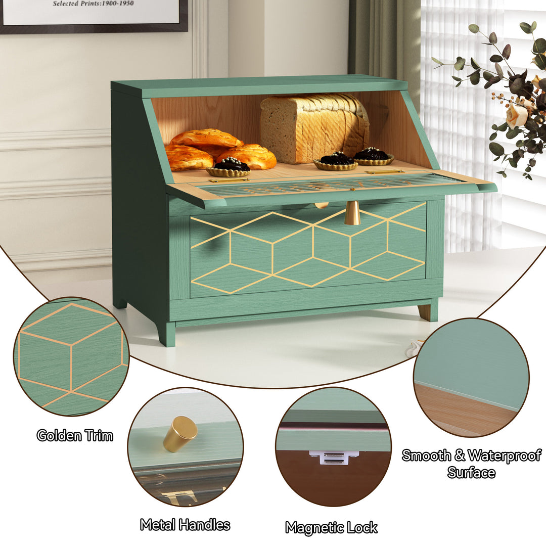 HLR® Double Layer Wooden Bread Box with Golden Trim – Space-Saving Corner Design – Countertop Kitchen Storage