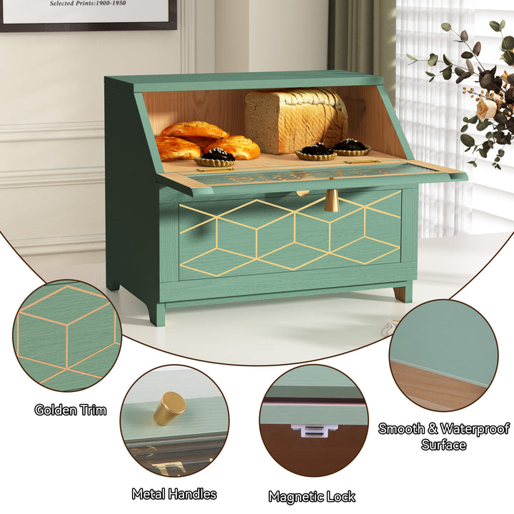 HLR® Double Layer Wooden Bread Box with Golden Trim – Space-Saving Corner Design – Countertop Kitchen Storage