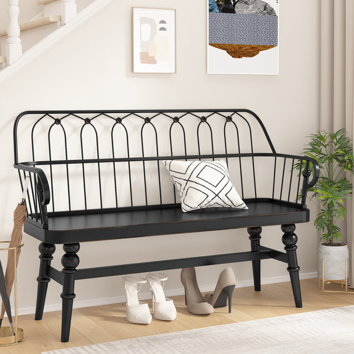 HLR® Mid-Century Modern Entryway Bench – Metal Frame with Solid Wood Legs | Industrial Hallway Seating with Retro Charm