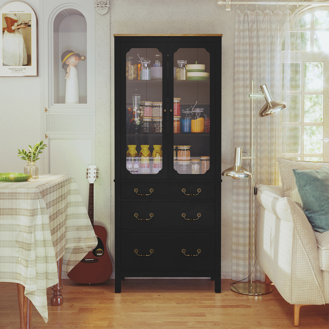 HLR® White Freestanding Tall Pantry Cabinet – Tempered Glass Doors & Adjustable Shelves – Storage for Kitchen & Dining Rooms