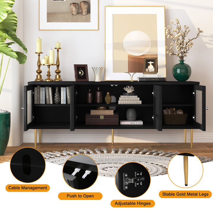 HLR® 75" Mid Century Modern TV Stand – 3D Flower Pattern Wood Entertainment Center with Fluted Glass Doors & Storage – Media Console for Living Room