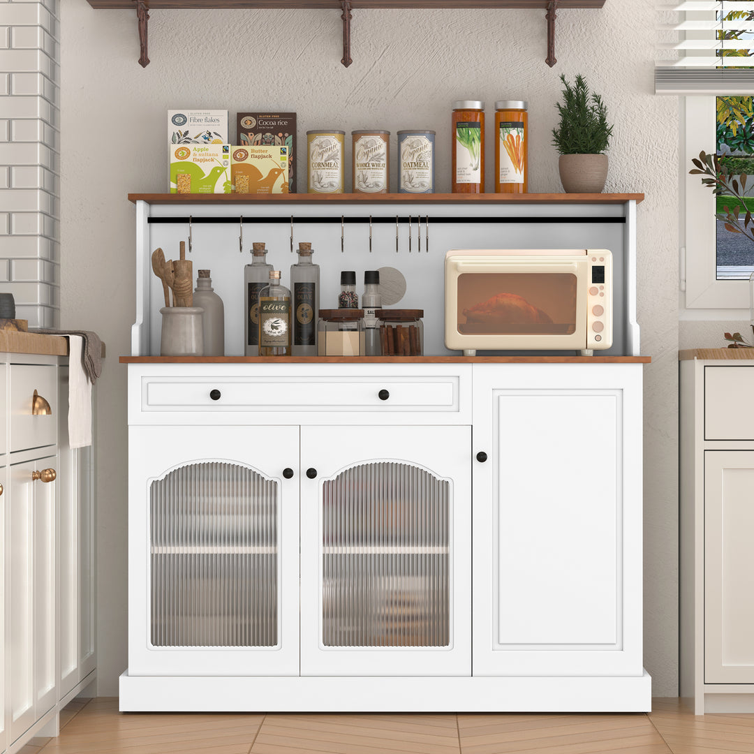 HLR® 48" Farmhouse-Style Kitchen Pantry with Glass Doors & Drawer – Wood Coffee Bar Cabinet with Microwave Hutch for Living & Dining Rooms