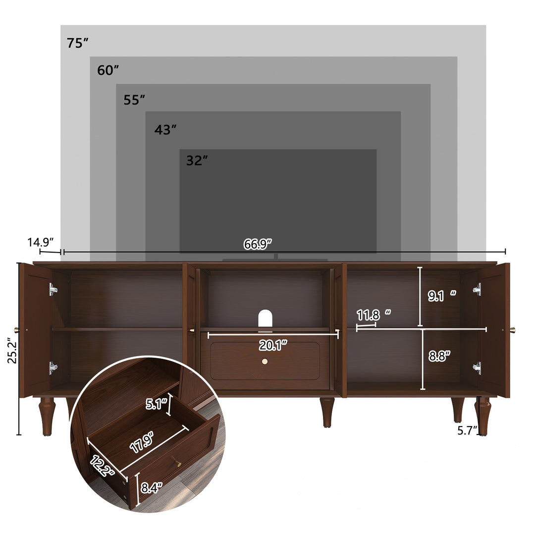 HLR® 67"Mid-Century Modern TV Stand for 75" TVs – Retro Walnut Media Console with 3 Doors, 2 Drawers & Adjustable Shelves