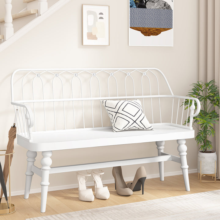 HLR® Mid-Century Modern Entryway Bench – Metal Frame with Solid Wood Legs | Industrial Hallway Seating with Retro Charm
